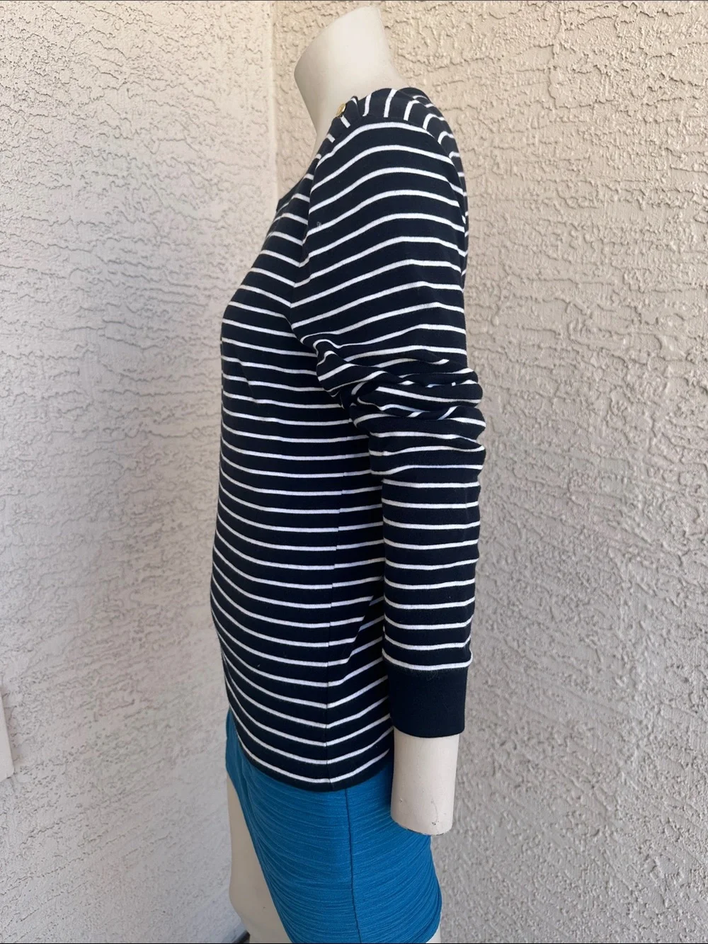 Navy & White Striped Long-Sleeve Top with Shoulder Buttons - Picture 3 of 9